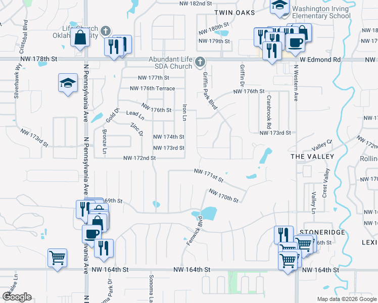 map of restaurants, bars, coffee shops, grocery stores, and more near 17300 Iron Lane in Edmond