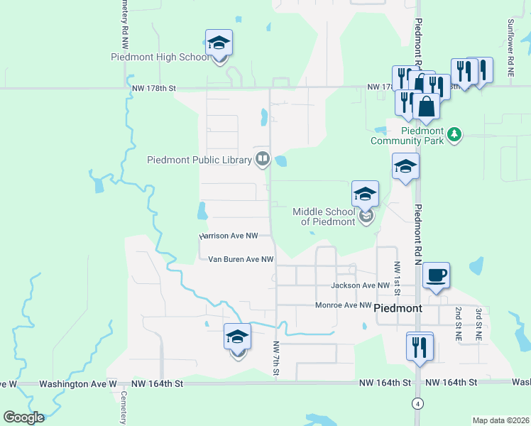 map of restaurants, bars, coffee shops, grocery stores, and more near 827 Harrison Avenue Northwest in Piedmont