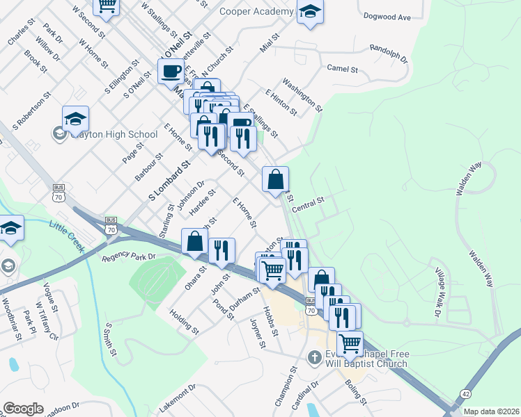 map of restaurants, bars, coffee shops, grocery stores, and more near 802 East Horne Street in Clayton