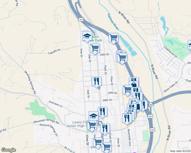 map of restaurants, bars, coffee shops, grocery stores, and more near 3014 Spring Street in Paso Robles
