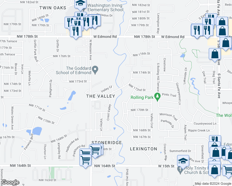 map of restaurants, bars, coffee shops, grocery stores, and more near 904 Northwest 172nd Street in Edmond