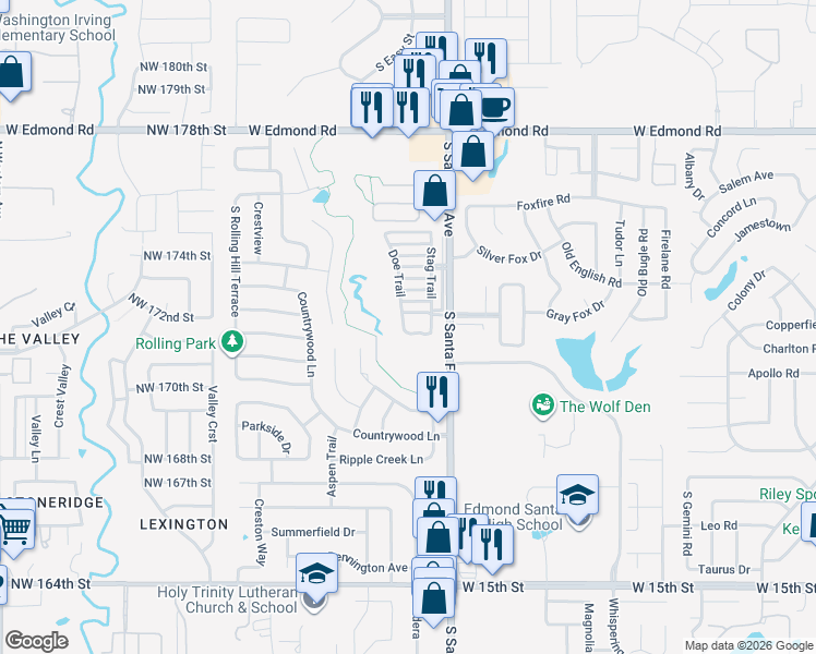 map of restaurants, bars, coffee shops, grocery stores, and more near 2320 Frisco Way in Edmond