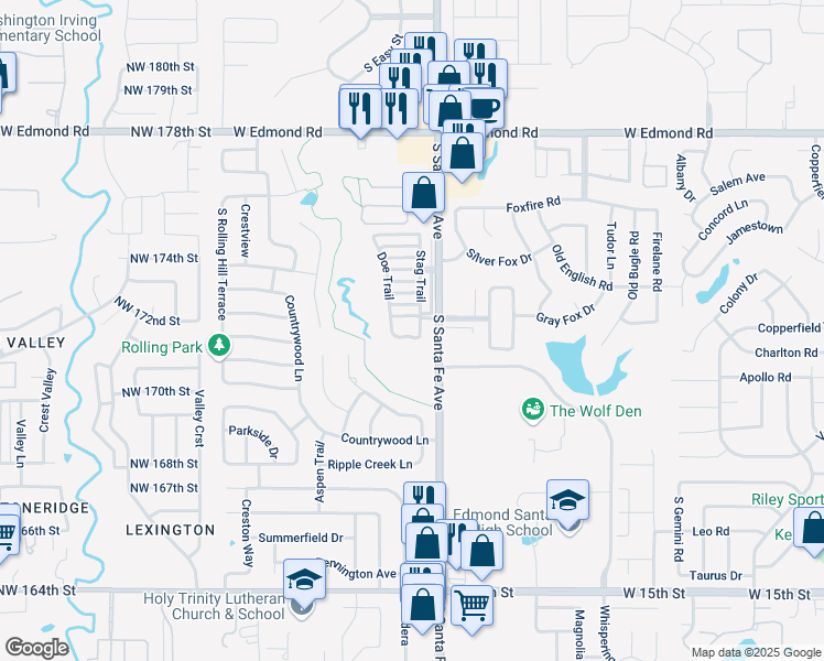 map of restaurants, bars, coffee shops, grocery stores, and more near 2321 Frisco Way in Edmond