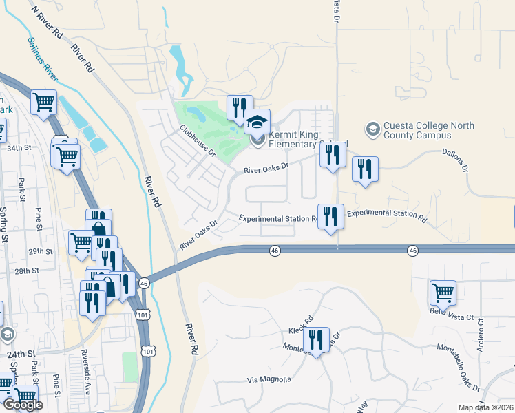map of restaurants, bars, coffee shops, grocery stores, and more near 2636 Vineyard Circle in Paso Robles