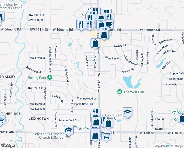 map of restaurants, bars, coffee shops, grocery stores, and more near 2320 Frisco Way in Edmond
