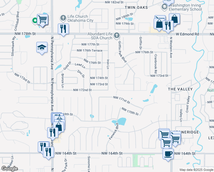 map of restaurants, bars, coffee shops, grocery stores, and more near 1716 Northwest 172nd Street in Edmond