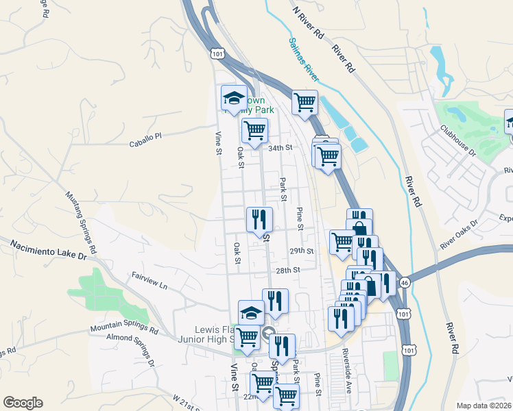 map of restaurants, bars, coffee shops, grocery stores, and more near 3014 Spring Street in Paso Robles
