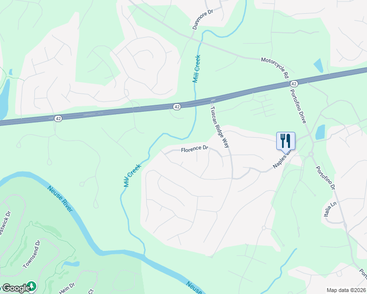 map of restaurants, bars, coffee shops, grocery stores, and more near 99 Florence Drive in Clayton