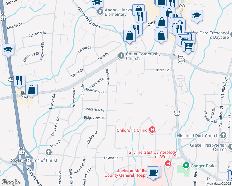 map of restaurants, bars, coffee shops, grocery stores, and more near 9 Maryville Cove in Jackson