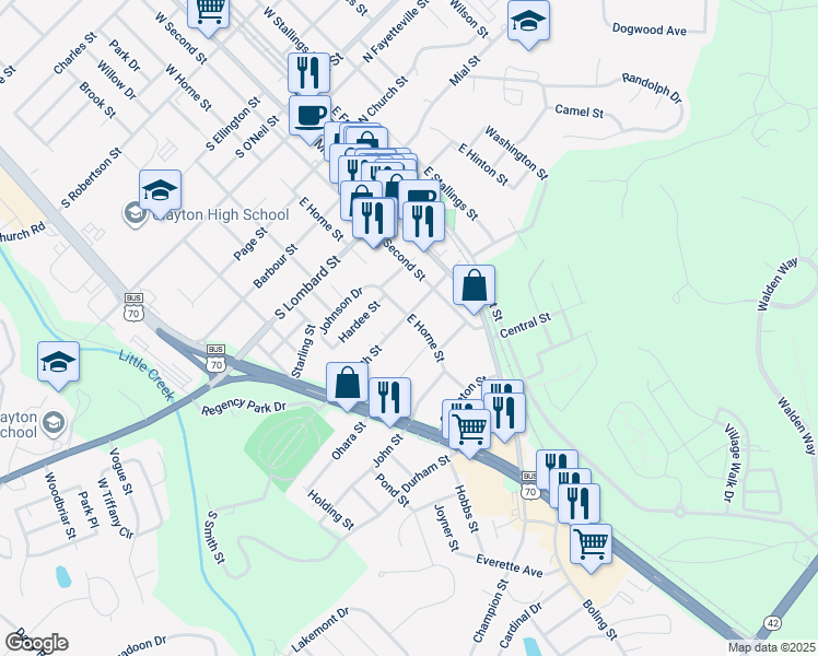 map of restaurants, bars, coffee shops, grocery stores, and more near 703 East Horne Street in Clayton