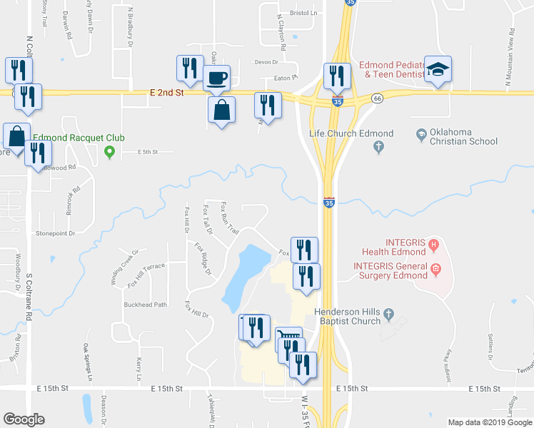 map of restaurants, bars, coffee shops, grocery stores, and more near Fox Bend Trail in Edmond