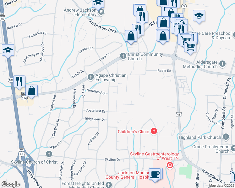 map of restaurants, bars, coffee shops, grocery stores, and more near 9 Maryville Cove in Jackson