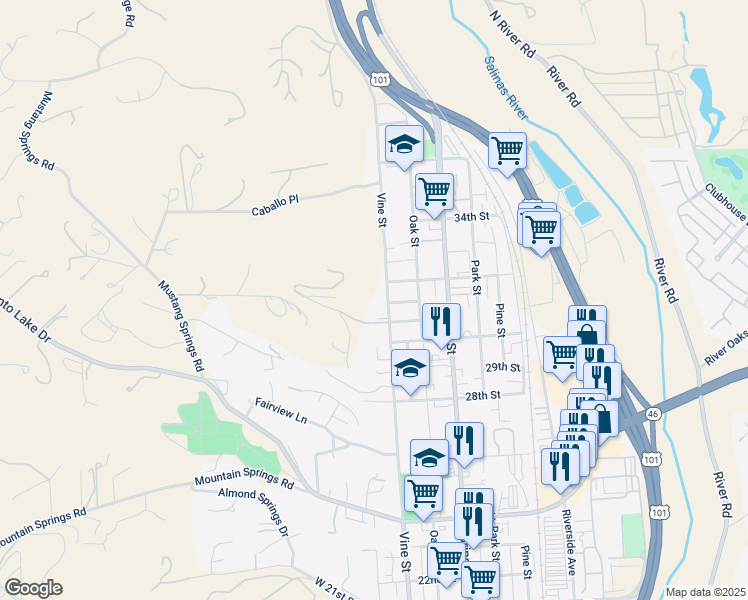 map of restaurants, bars, coffee shops, grocery stores, and more near 3165 Vine Street in Paso Robles