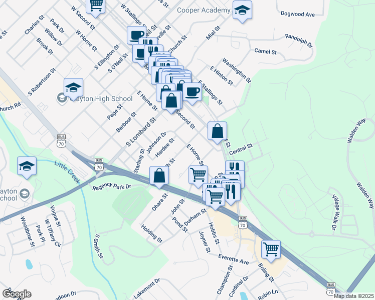 map of restaurants, bars, coffee shops, grocery stores, and more near 703 East Horne Street in Clayton