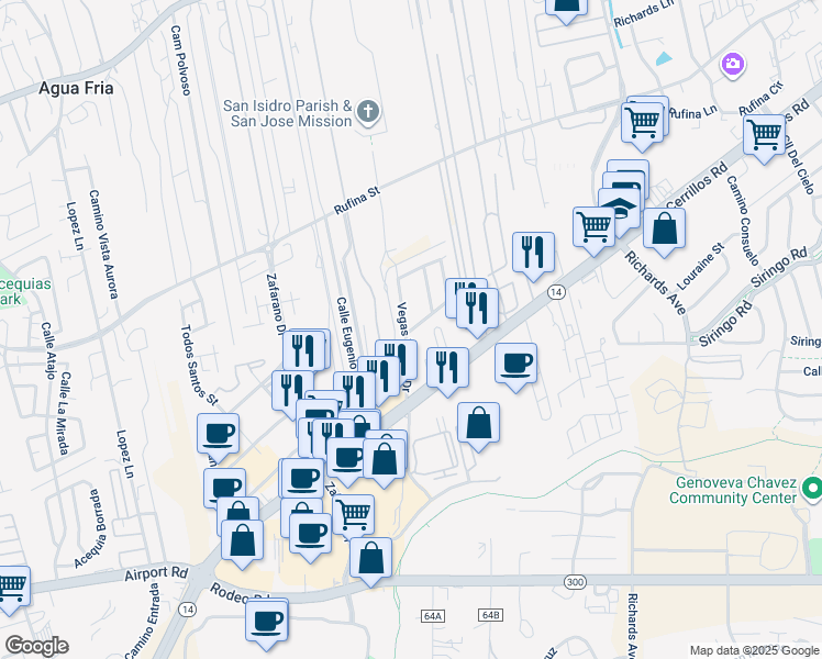 map of restaurants, bars, coffee shops, grocery stores, and more near 1200 Vegas Verdes Drive in Santa Fe