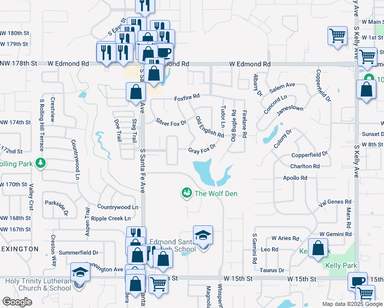 map of restaurants, bars, coffee shops, grocery stores, and more near 1920 Gray Fox Drive in Edmond
