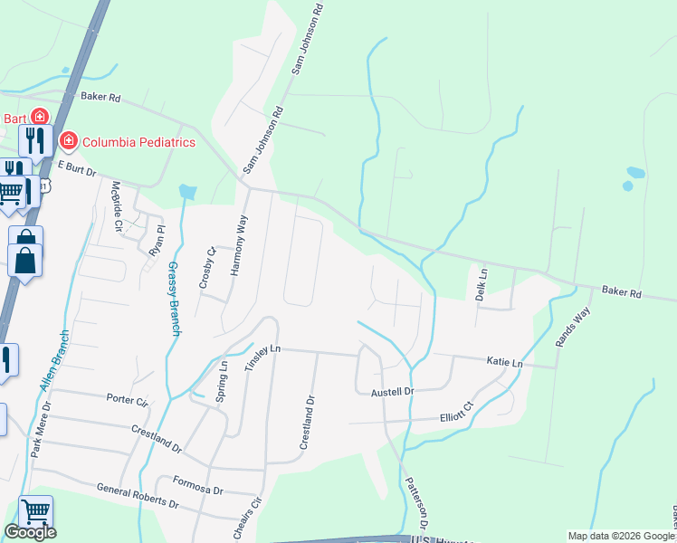 map of restaurants, bars, coffee shops, grocery stores, and more near 829 Baker Road in Columbia