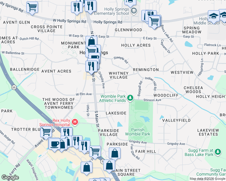 map of restaurants, bars, coffee shops, grocery stores, and more near 521 Lee Street in Holly Springs