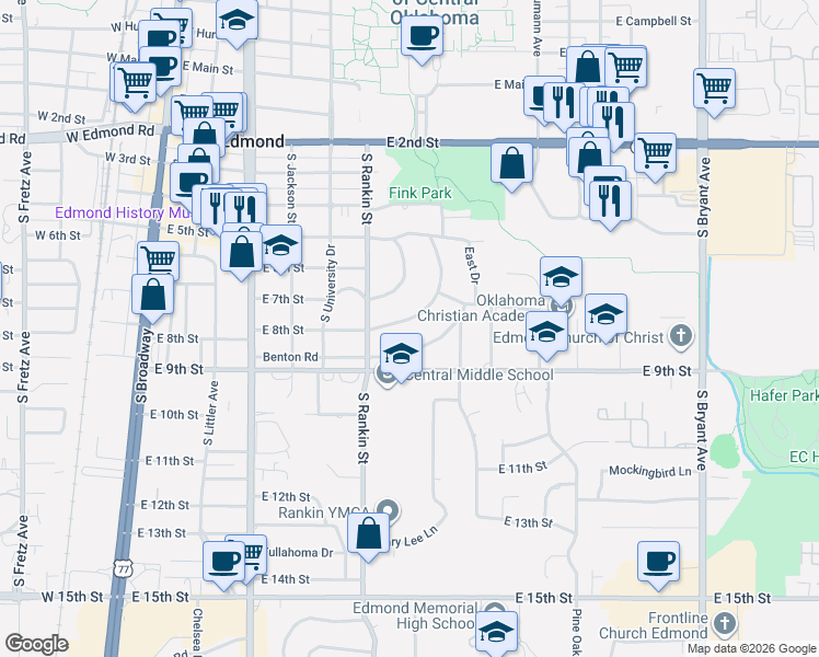 map of restaurants, bars, coffee shops, grocery stores, and more near 626 Timber Lane in Edmond