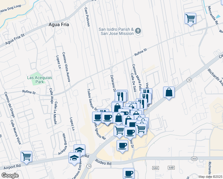 map of restaurants, bars, coffee shops, grocery stores, and more near 4362 San Benito Street in Santa Fe