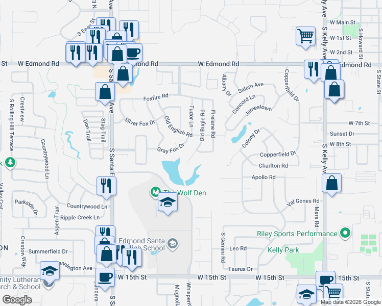 map of restaurants, bars, coffee shops, grocery stores, and more near 1800 Gray Fox Drive in Edmond