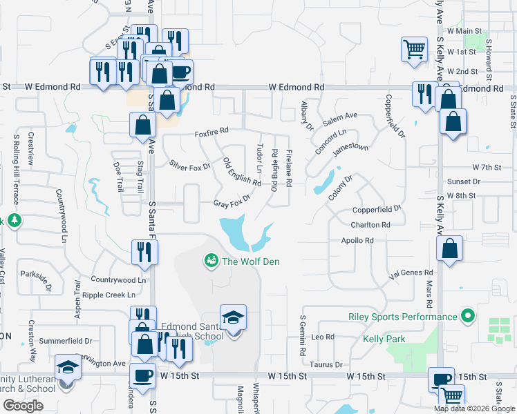 map of restaurants, bars, coffee shops, grocery stores, and more near 805 Old Bugle Road in Edmond