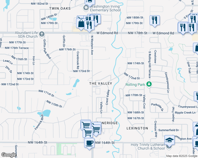 map of restaurants, bars, coffee shops, grocery stores, and more near 1003 Valley Court in Edmond