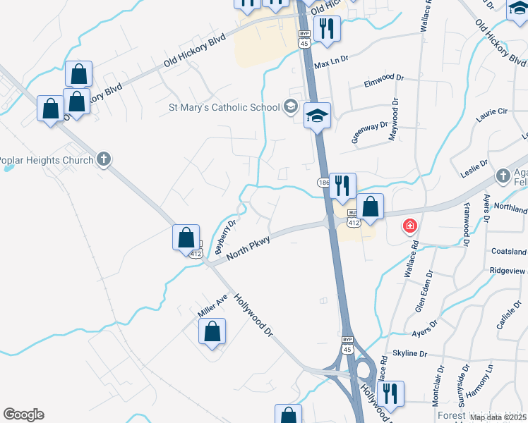 map of restaurants, bars, coffee shops, grocery stores, and more near 128 Skyhaven Drive in Jackson