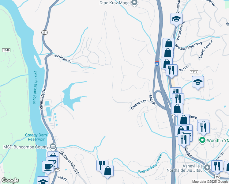 map of restaurants, bars, coffee shops, grocery stores, and more near 17 Altura Parkway in Woodfin