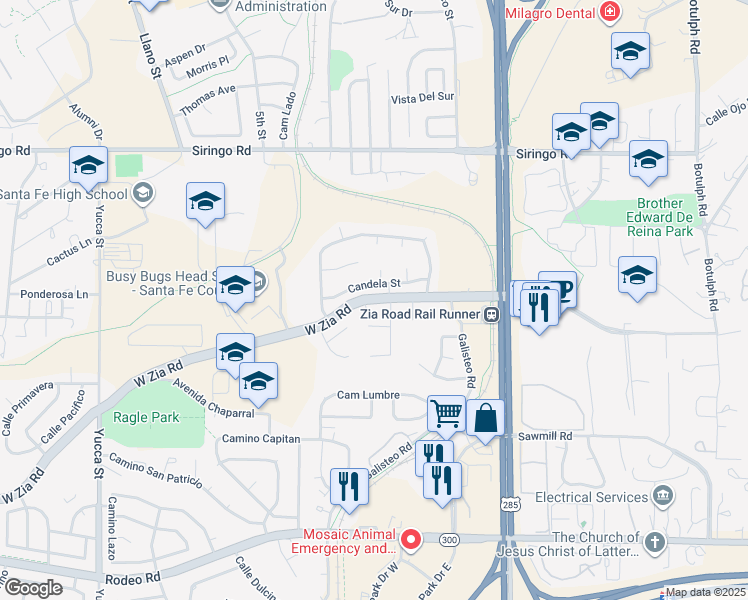 map of restaurants, bars, coffee shops, grocery stores, and more near West Zia Road in Santa Fe