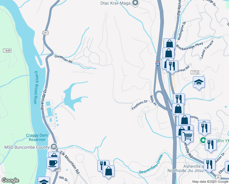 map of restaurants, bars, coffee shops, grocery stores, and more near 17 Altura Parkway in Woodfin
