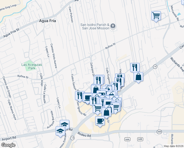 map of restaurants, bars, coffee shops, grocery stores, and more near 4362 San Benito Street in Santa Fe