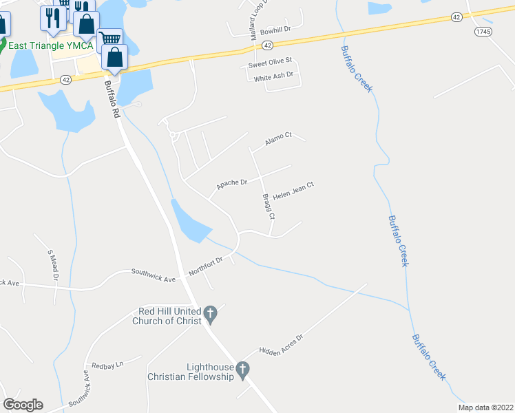 map of restaurants, bars, coffee shops, grocery stores, and more near 125 Bragg Court in Clayton