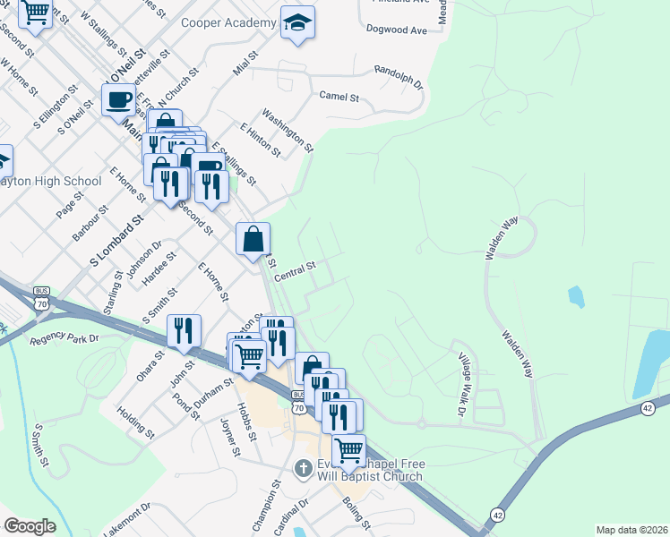 map of restaurants, bars, coffee shops, grocery stores, and more near 417 Central Street in Clayton
