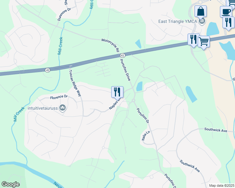 map of restaurants, bars, coffee shops, grocery stores, and more near 364 Siena Way in Clayton
