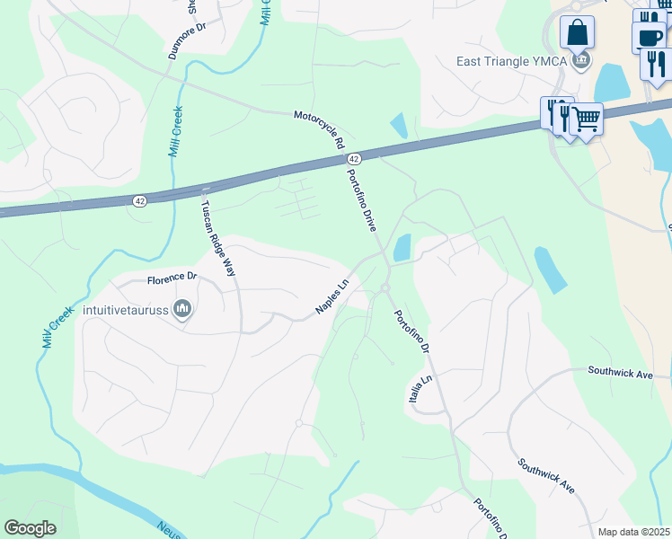 map of restaurants, bars, coffee shops, grocery stores, and more near 364 Siena Way in Clayton
