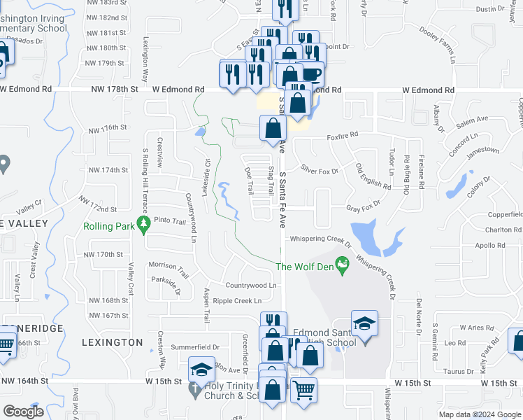 map of restaurants, bars, coffee shops, grocery stores, and more near 2400 Golden Lane in Edmond