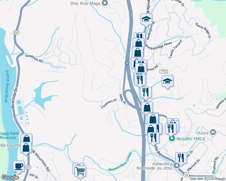 map of restaurants, bars, coffee shops, grocery stores, and more near 16 Audubon Drive in Asheville