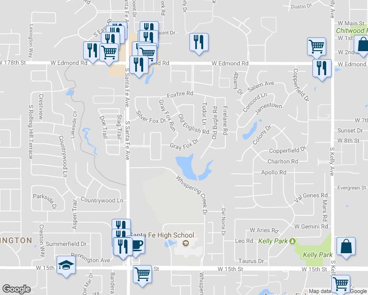 map of restaurants, bars, coffee shops, grocery stores, and more near 1701 Gray Fox Drive in Edmond