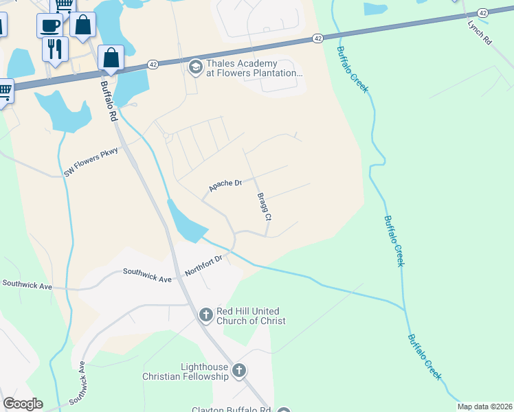 map of restaurants, bars, coffee shops, grocery stores, and more near 125 Bragg Court in Clayton