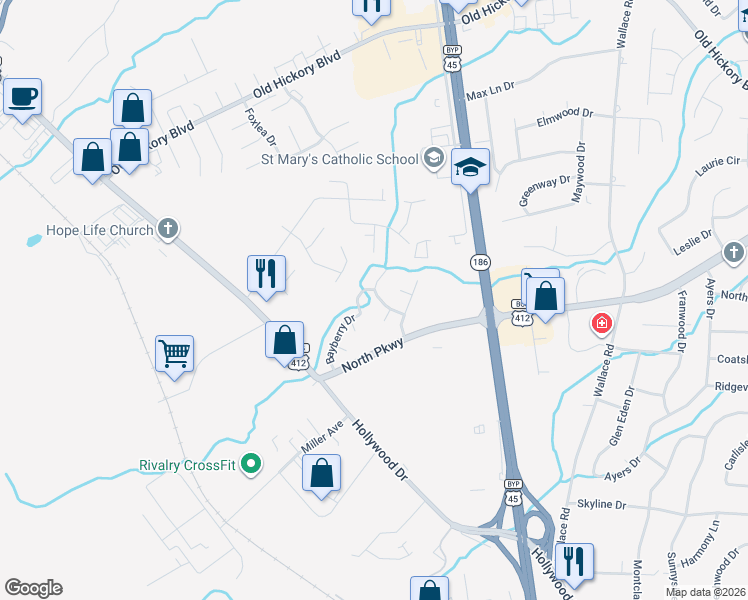 map of restaurants, bars, coffee shops, grocery stores, and more near 128 Skyhaven Drive in Jackson