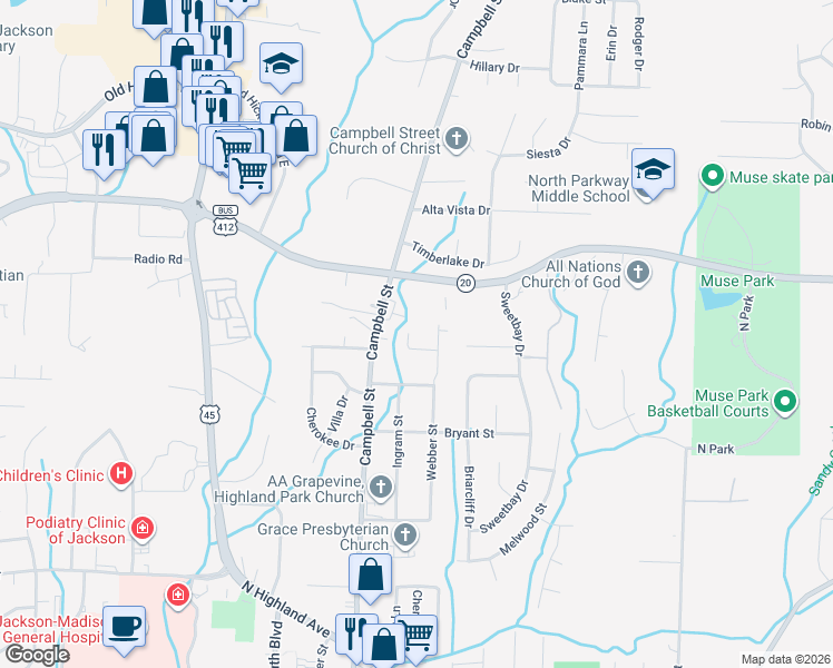 map of restaurants, bars, coffee shops, grocery stores, and more near 1334 Campbell Street in Jackson