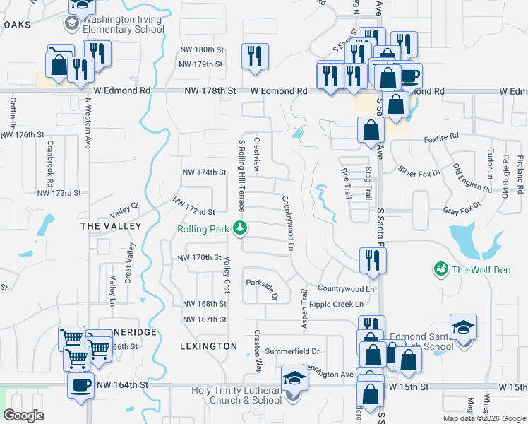 map of restaurants, bars, coffee shops, grocery stores, and more near 2821 Morgan Trail in Edmond