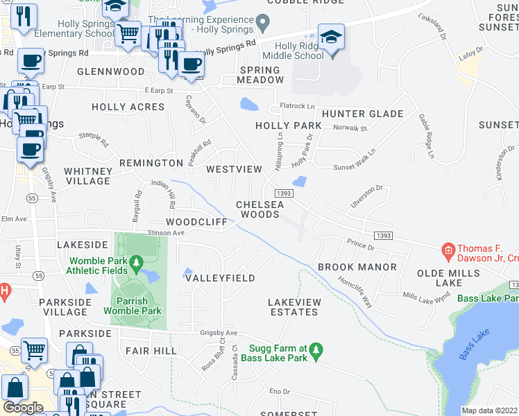map of restaurants, bars, coffee shops, grocery stores, and more near 925 Stinson Avenue in Holly Springs