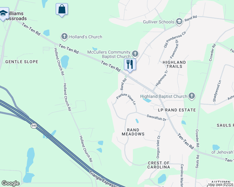 map of restaurants, bars, coffee shops, grocery stores, and more near 1104 Pasture View Lane in Raleigh