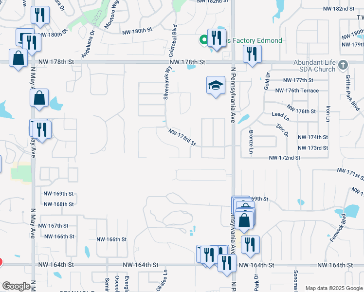 map of restaurants, bars, coffee shops, grocery stores, and more near 2312 Northwest 173rd Street in Edmond