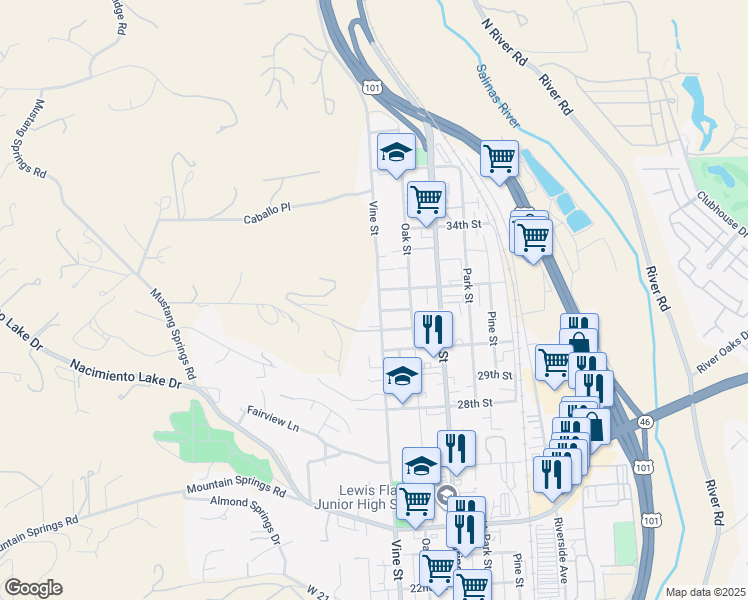 map of restaurants, bars, coffee shops, grocery stores, and more near 3175 Vine Street in Paso Robles