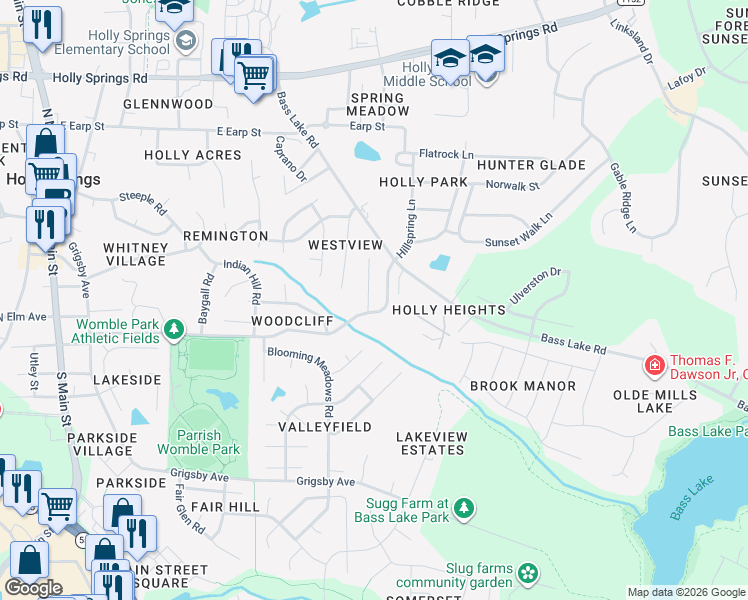 map of restaurants, bars, coffee shops, grocery stores, and more near 125 Lacombe Court in Holly Springs