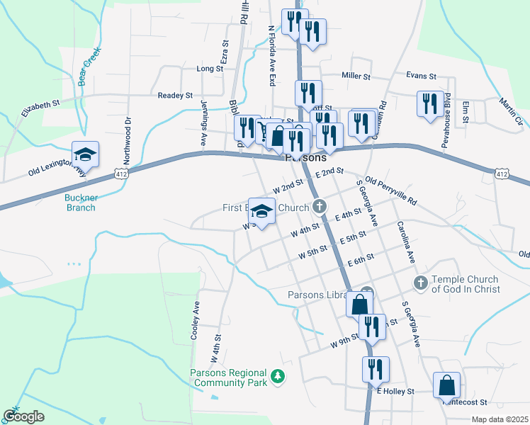 map of restaurants, bars, coffee shops, grocery stores, and more near 201 West 2nd Street in Parsons