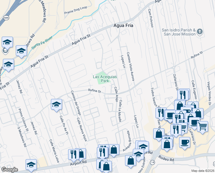 map of restaurants, bars, coffee shops, grocery stores, and more near 1144 Calle Amanda in Santa Fe